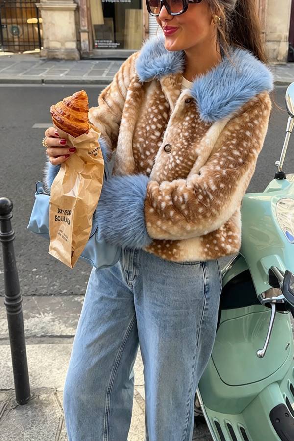 Trendy Faux Fur Spotted-Print Colorblock Furry Collar Button Up Loose Coat