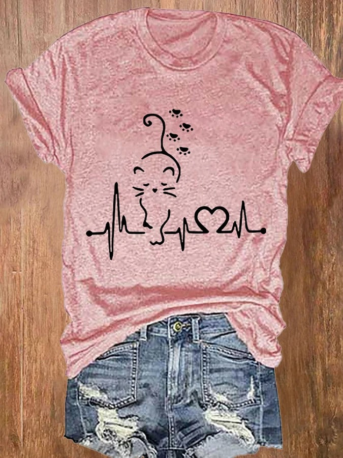 Women's Cute Kittens And Heartbeats Printed T-shirt