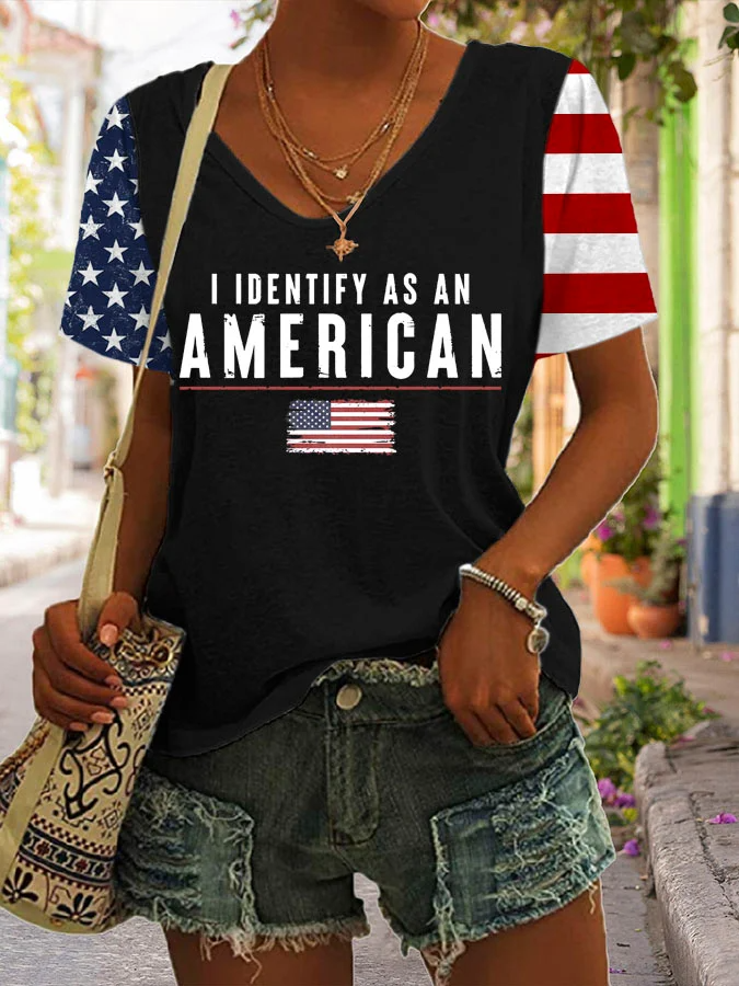 Women's I Identify As An American Print V Neck T-shirt