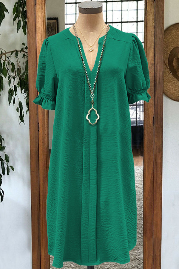 Elegant Puff Sleeve Stitching V-neck Solid Color Midi Dress