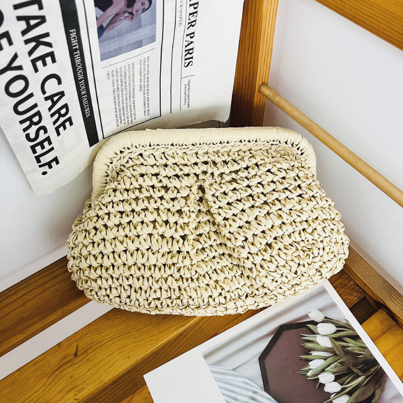 Ruched Woven Cloud Straw Clutch Bag