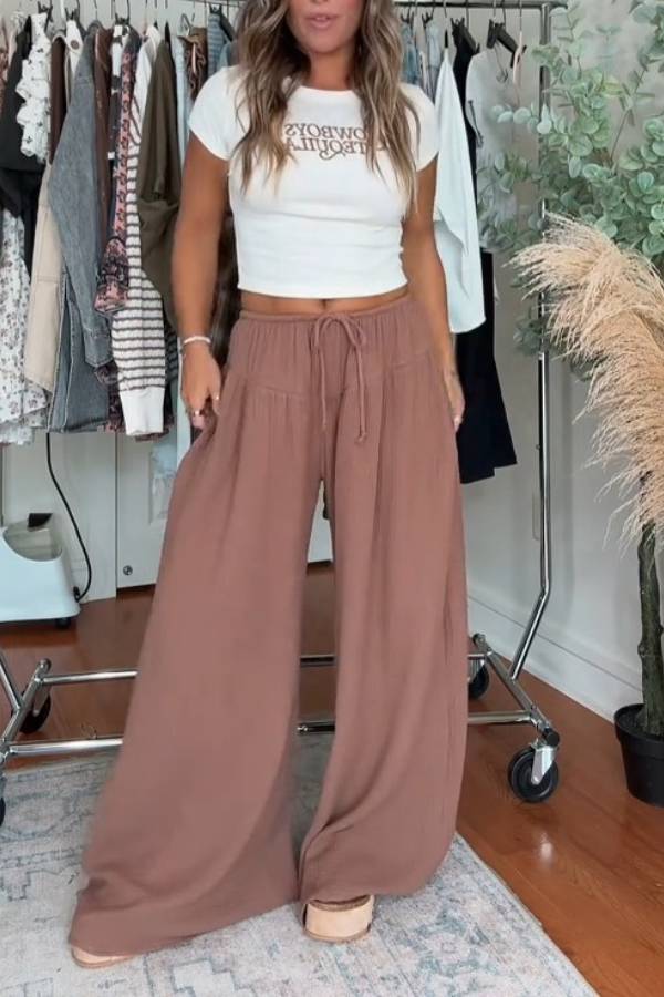 Relaxed Linen-Style Drawstring Wide-Leg Pants