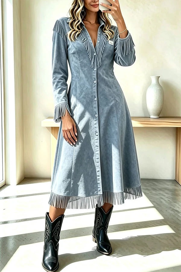 Western Cowboy Style Suede Tassel V-neck Button Long Sleeve Shirt Midi Dress