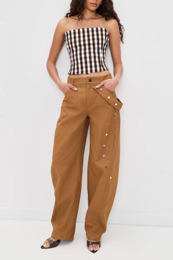 Kazina Mid Waist Silver Stud Detail Decorative Side Straps Pocket Barrel Pants