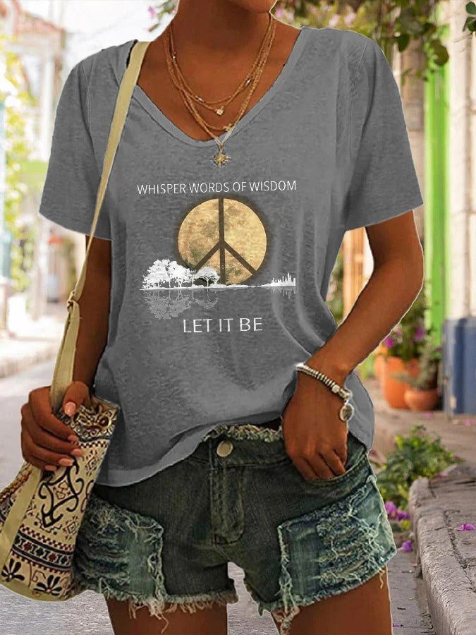 V-Neck Hippie Guitar Lake Whisper Words Of Wisdom Let It Be Print T-Shirt