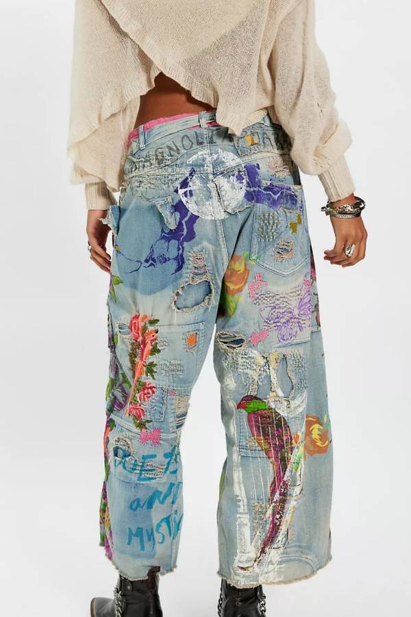 Boho Floral Bird Patch Distressed Wide Leg Washed Jeans High Waist Raw Hem Hippie Casual Trousers