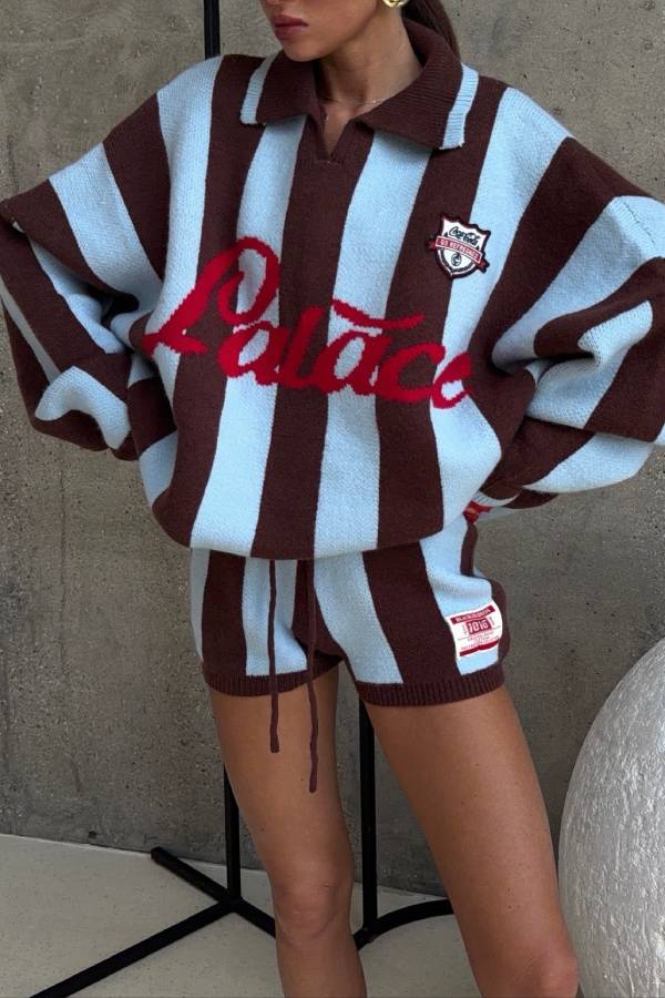 Vintage Striped Polo Collar Knit Sweater & Shorts Two‑Piece Set