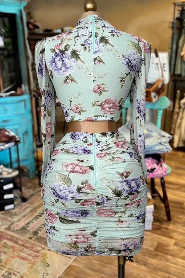 Pretty Floral Print Cut-Out Long-Sleeved Dress