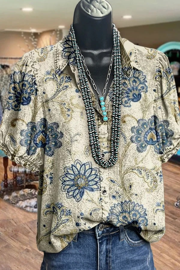 Art Floral Print Puff Sleeve Top
