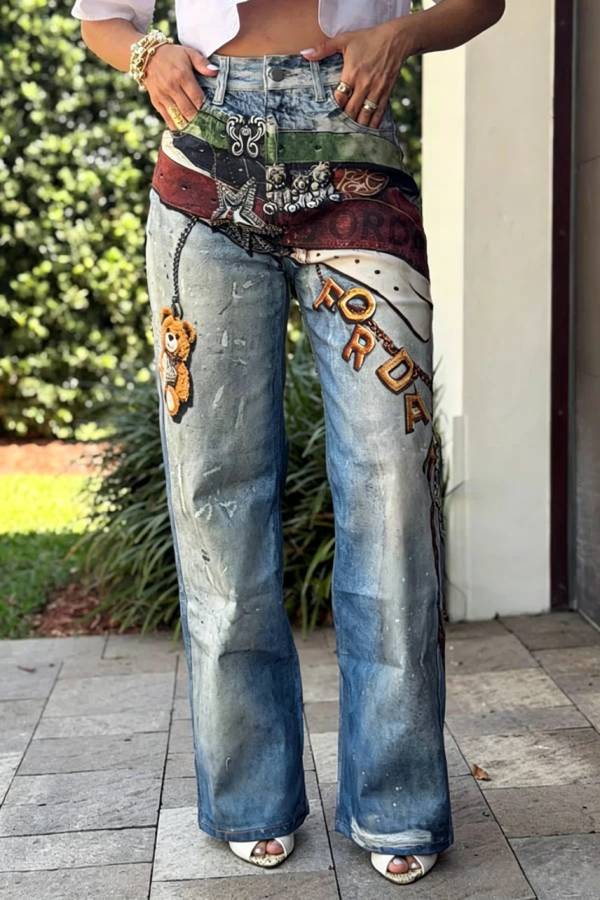 Street Graffiti Denim Unique and Fun Prints High Rise Pocket Straight Leg Jeans