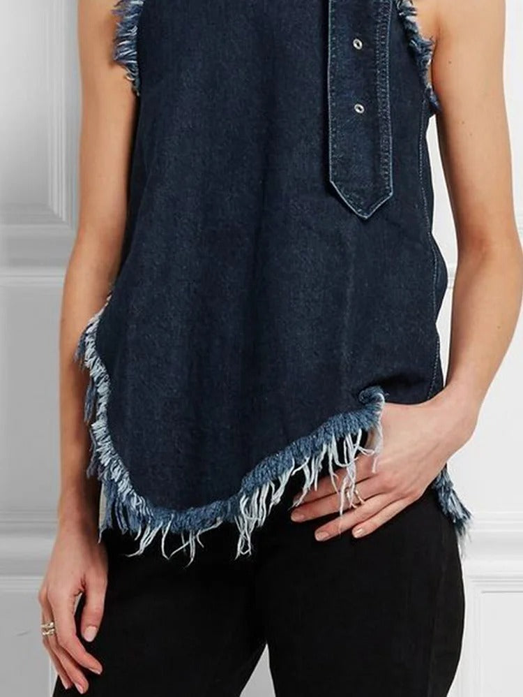 Fashion Plain Stand Collar Sleeveless Asymmetrical Hem Fringed Denim Tank Top