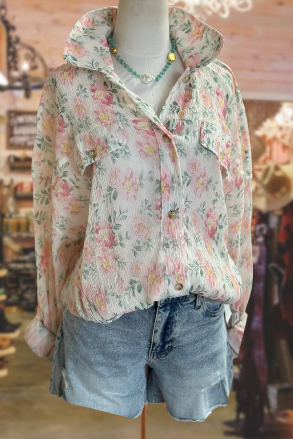 Floral Print Front Pockeet Textured Blouse