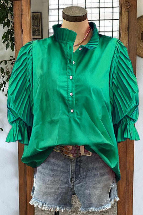 Cotton Pleated Sleeves Paneled Casual Blouse