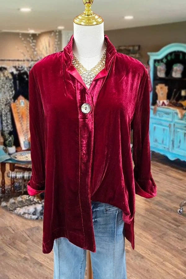 Solid Button Front Velvet Top