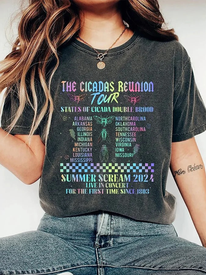 Women's The Cicadas Reunion Tour Summer Music Print Round Neck T-shirt