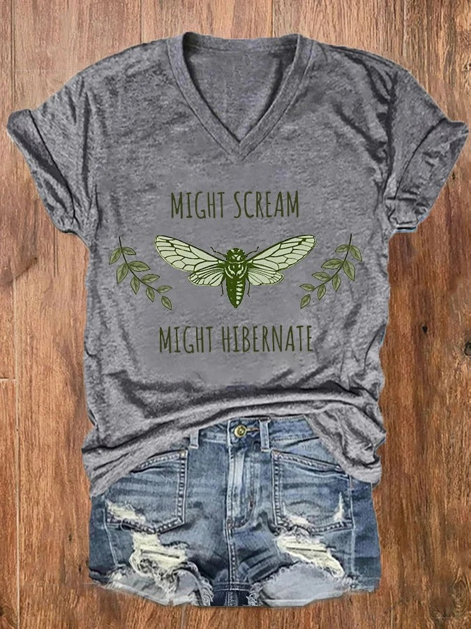 Women's The Great Cicada Comeback Tour 2024 Might Scream Might Hibernate V-Neck Tee