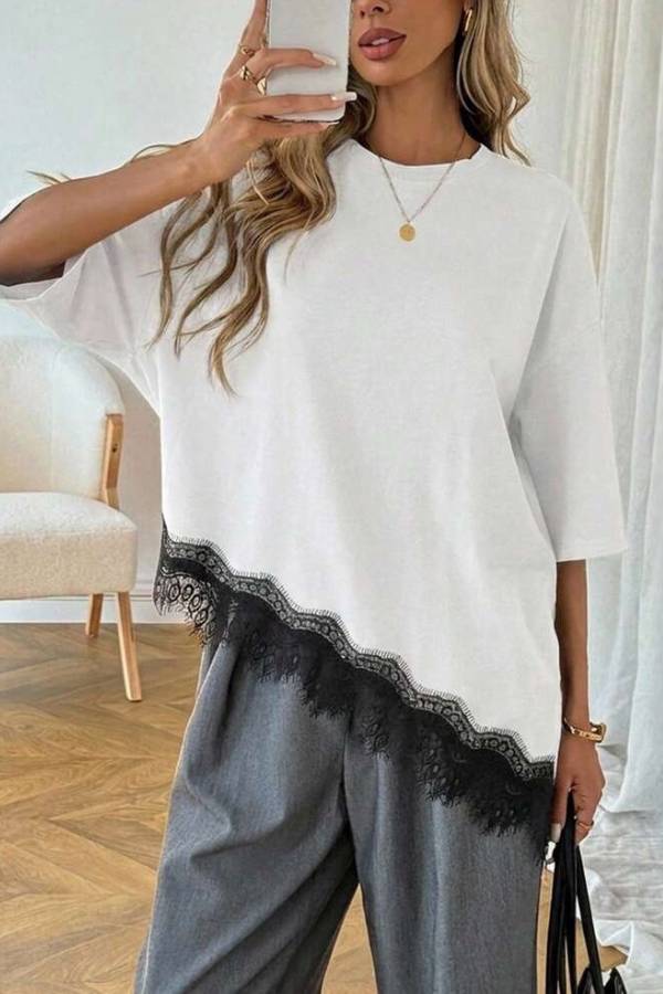 Asymmetrical Lace Hem Mid Sleeve Loose T-Shirt