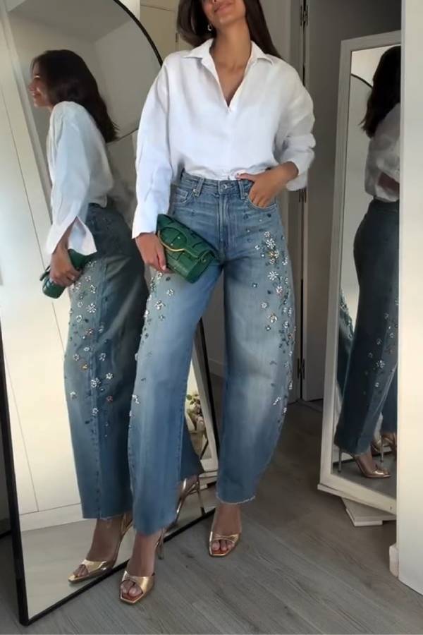 TRF HIGH RISE EMBROIDERED BARREL JEANS