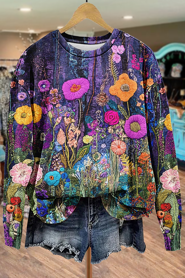 Art Floral Print Long Sleeve Sweatshirt