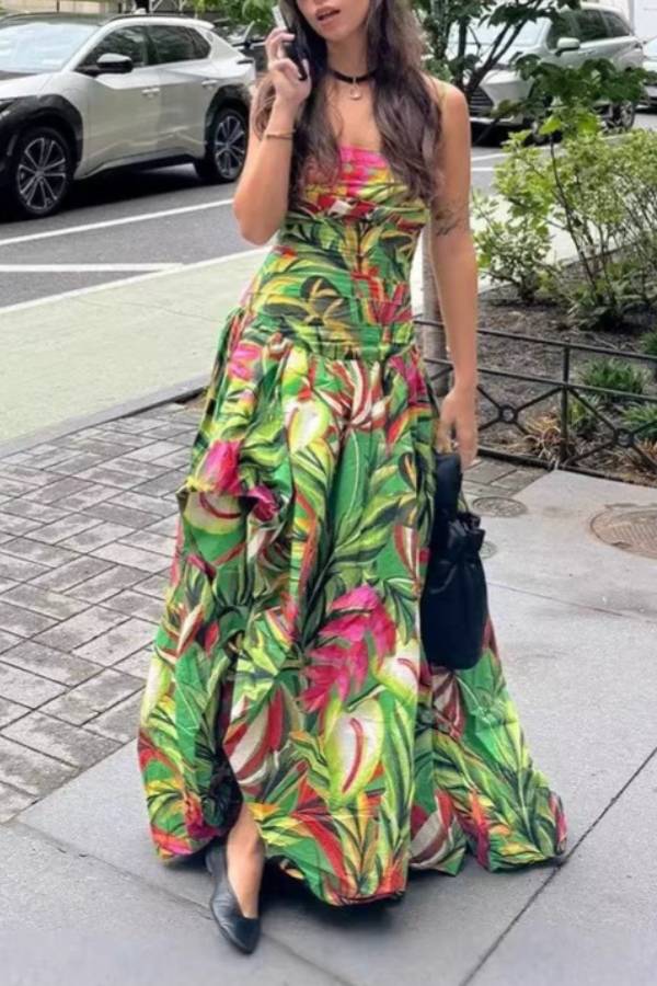 Tropical Leaf Print Cami Slit Flowy Vacation Maxi Dress