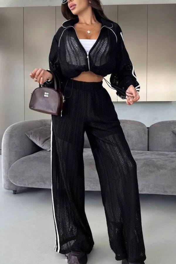 Casual Sporty Hollow Knit Stripe Cropped Jacket & Wide‑Leg Pants Two‑Piece Set