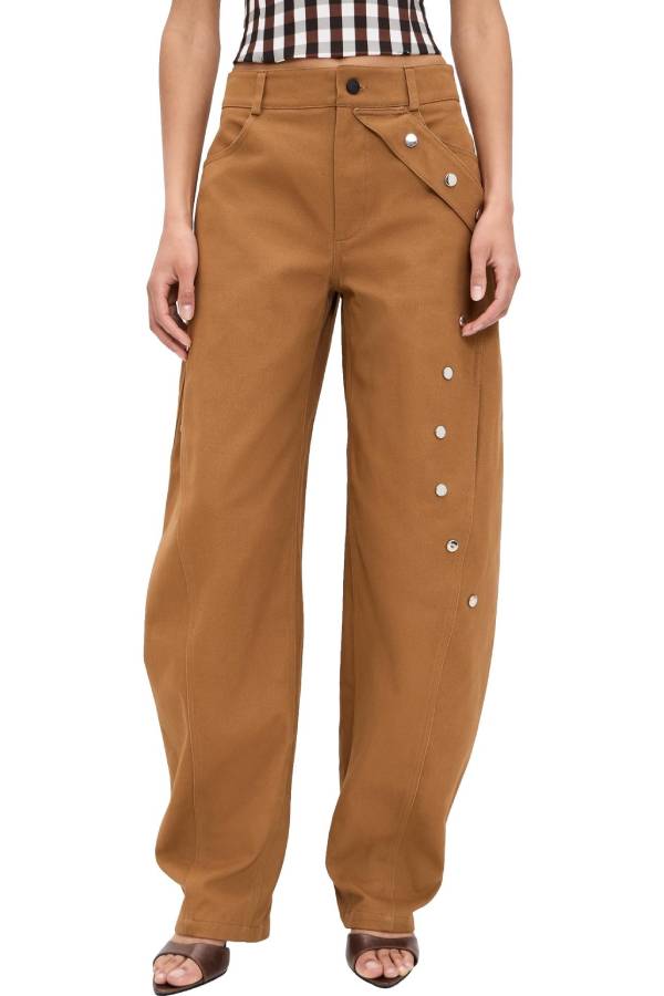 Kazina Mid Waist Silver Stud Detail Decorative Side Straps Pocket Barrel Pants