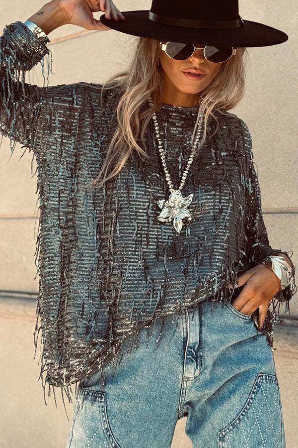 Party Crasher Sequin Tassle Fabric Long Sleeve Loose Top