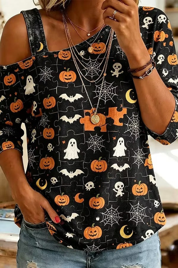 Cozy Fall Vibes Black Cat Print Off-Shoulder Halloween Top