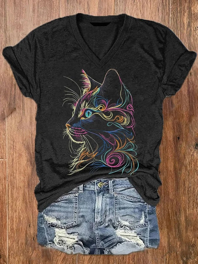 Women's Cute Cat Print V-Neck T-Shirt