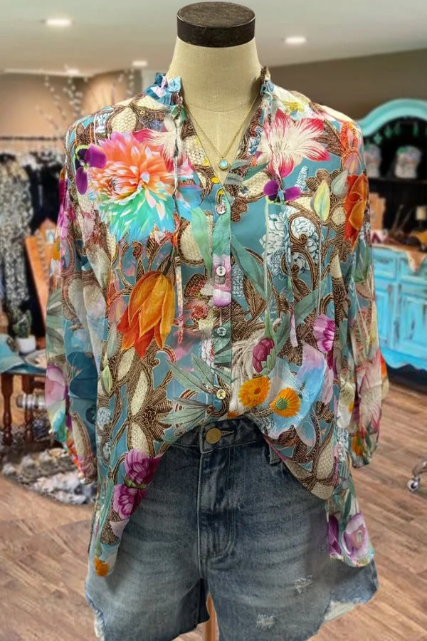 Colorful Floral Print Button Front Three Quater Sleeve Top