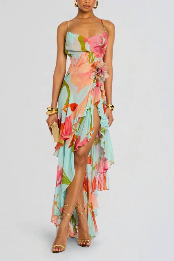 Vacation Floral Print Spaghetti Strap Backless Asymmetrical Ruffle Maxi Dress