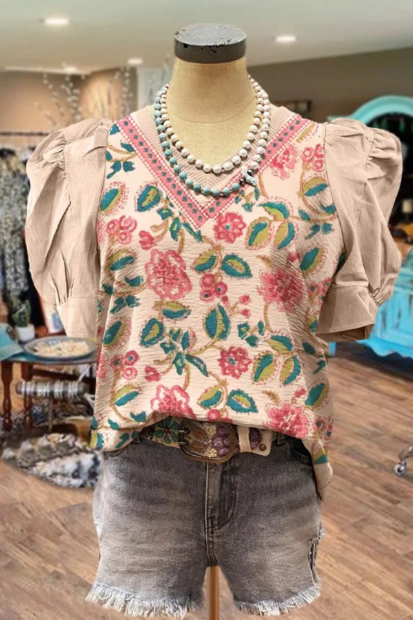 Elegant Floral Print Puff Sleeve V-Neck Top