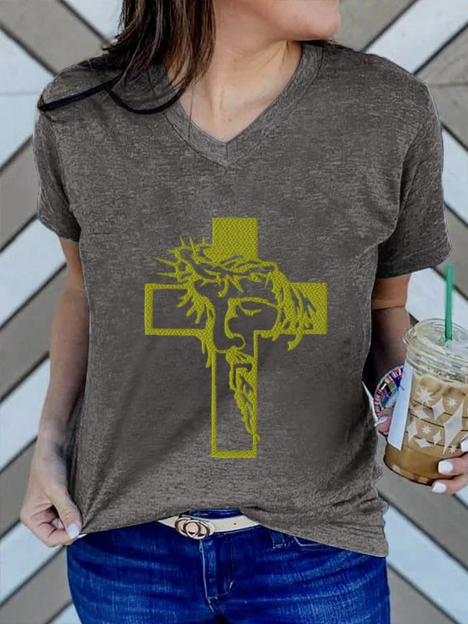 Women's Jesus Cross Print V Neck T-Shirt