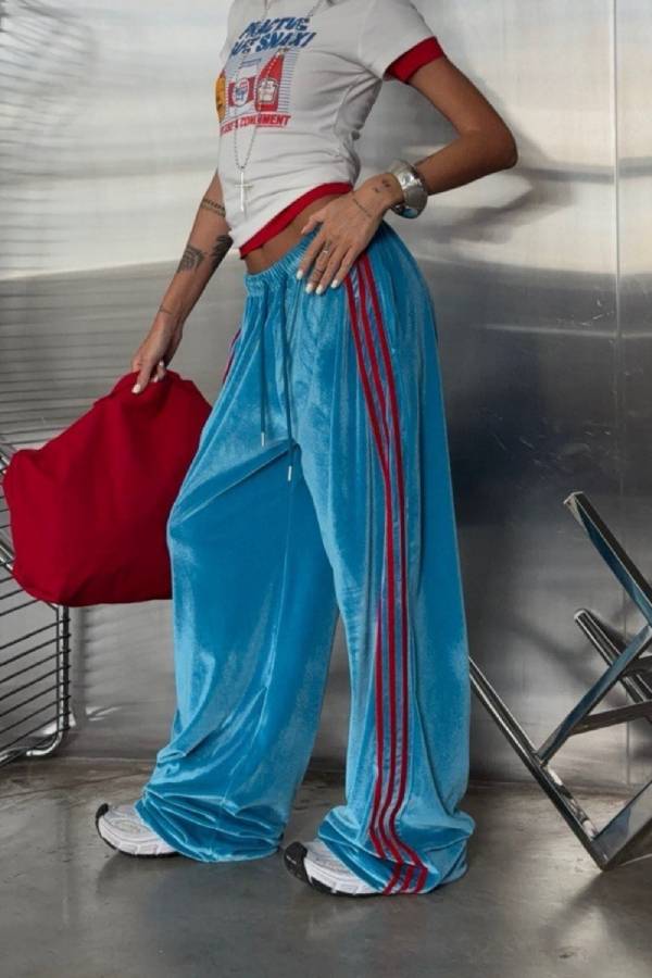 Velvet Wide Leg Pants with 3 Side Stripes