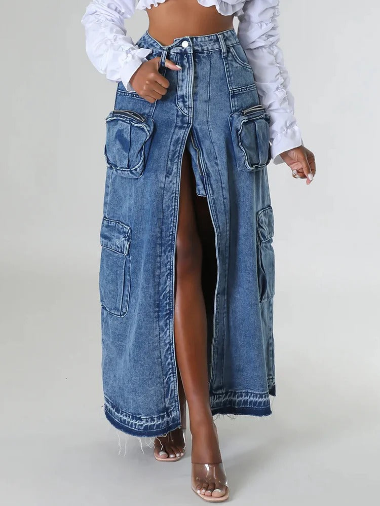 Denim Daily High Front Slit Pockets Maxi Skirt