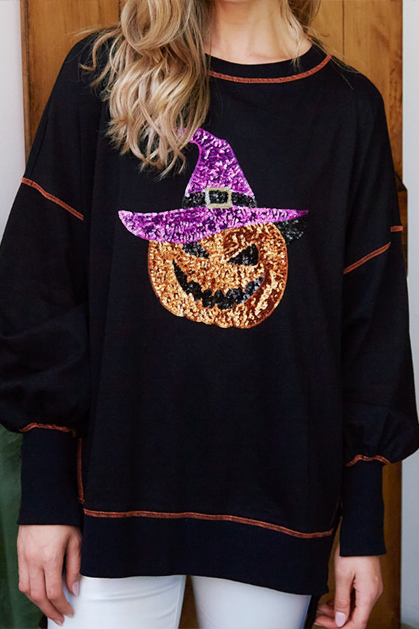 Oversized Sequin Pumpkin Reverse Seam Pullover