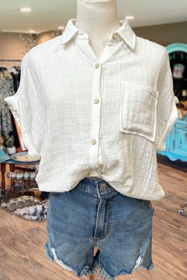 Solid Button Up Front Pocket Gauze Top