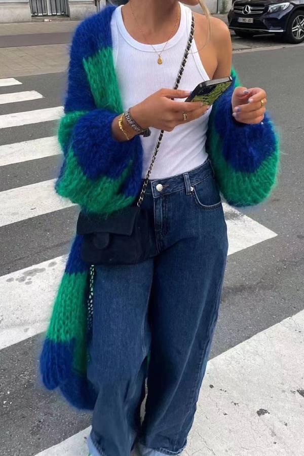 Color‑Block Stripe Mohair Long Knit Cardigan