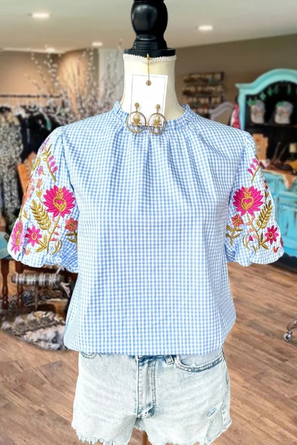 Gingham Floral Embroidered Puff Sleeve Top