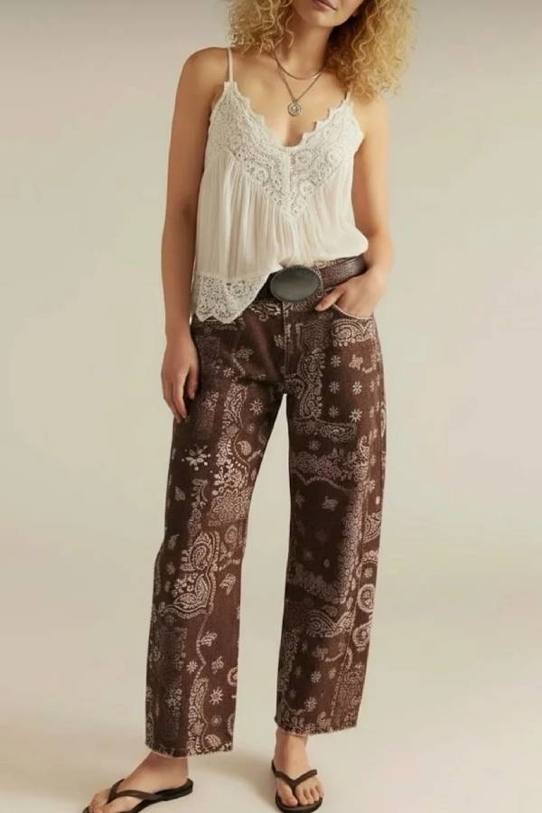 Vintage Paisley Print High Waist Straight Leg Jeans
