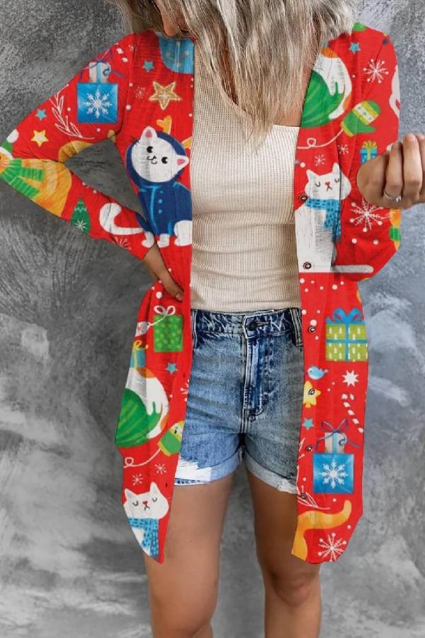 Women's Christmas Printing Fashion Button Long Sleeve Cardigan