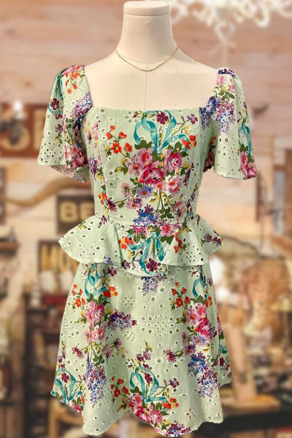 Floral Print Ruffle Eyelet Dress