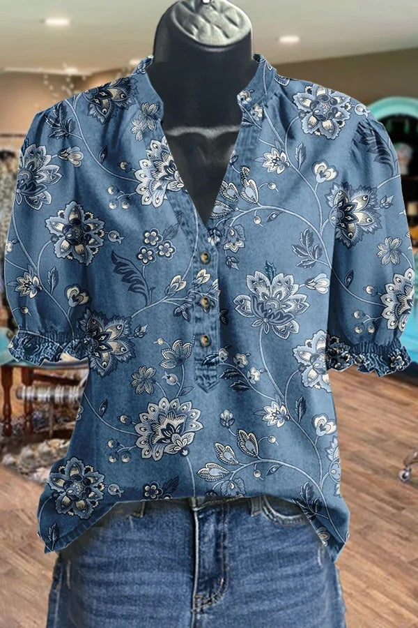 Vintage Floral Print V-Neck Top