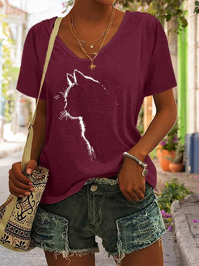 Women's Cute Cat Silhouette Casual V-Neck Tee