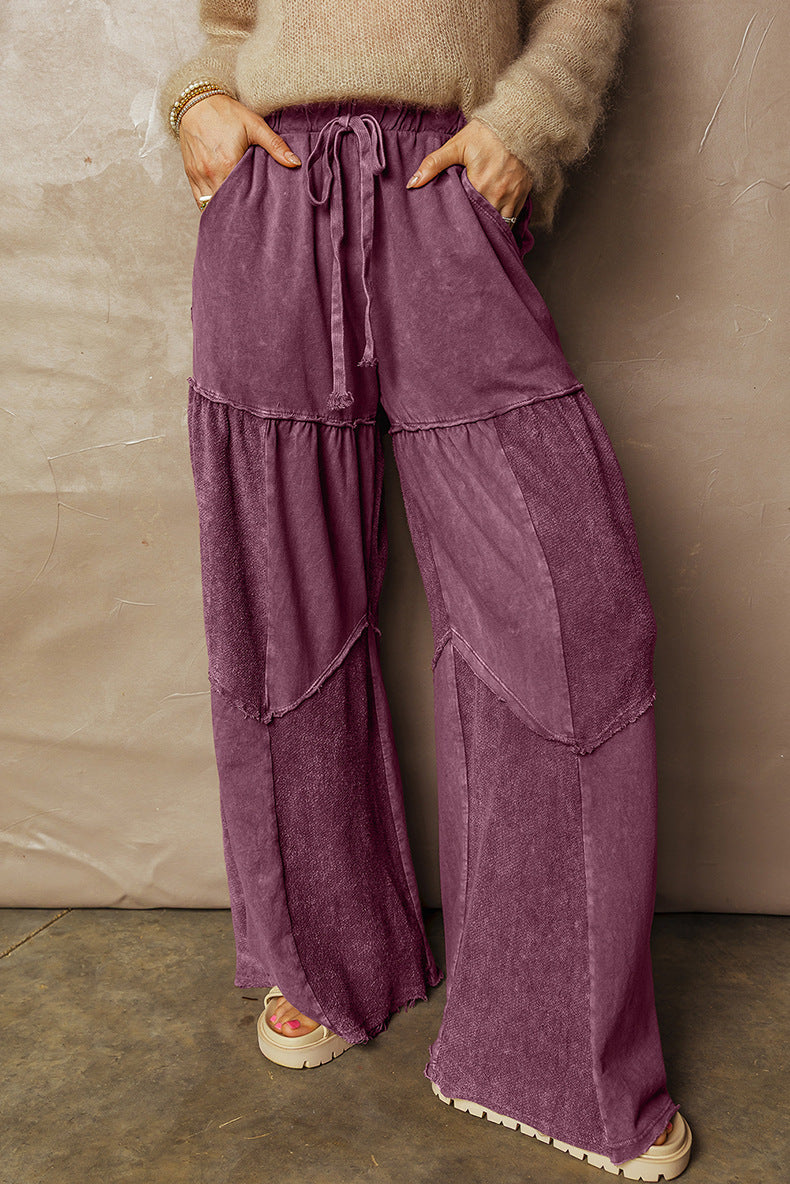 Washed Patchwork Drawstring Wide-Leg Pants