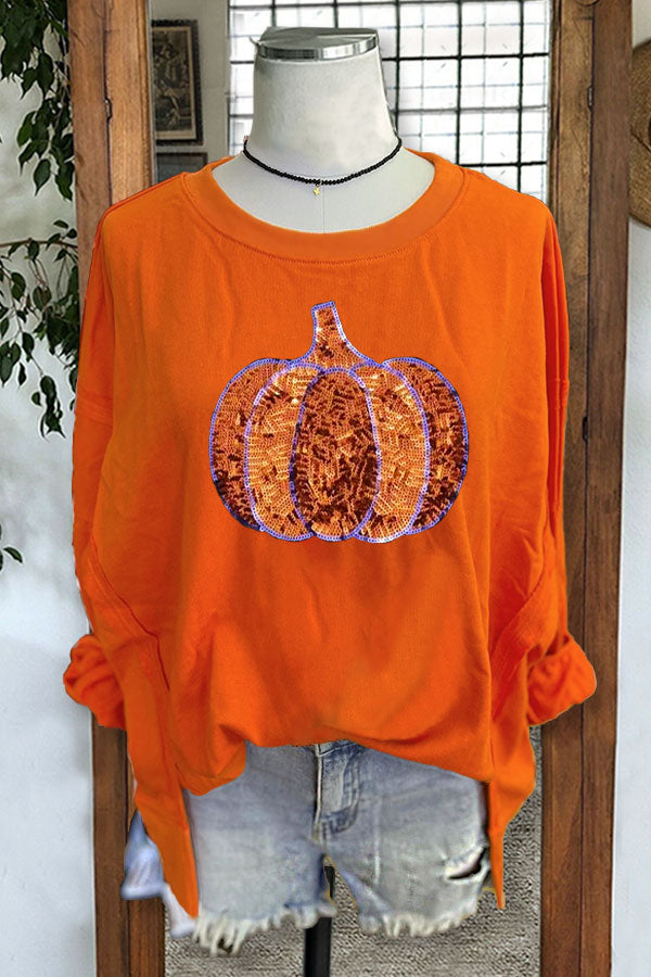 Pumpkin Sequin Casual Crew Neck Top