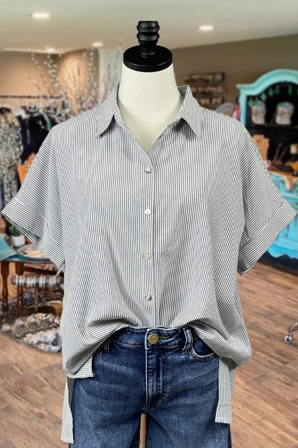 Striped Button Down Short Sleeve Blouse