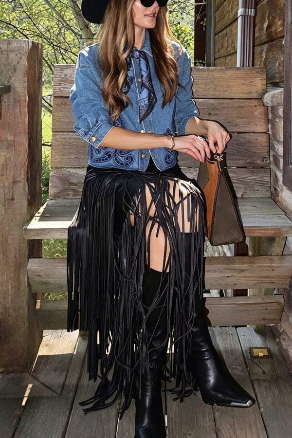 Evie Faux Leather High Rise Three-layer Tassels Stretch Maxi Skirt