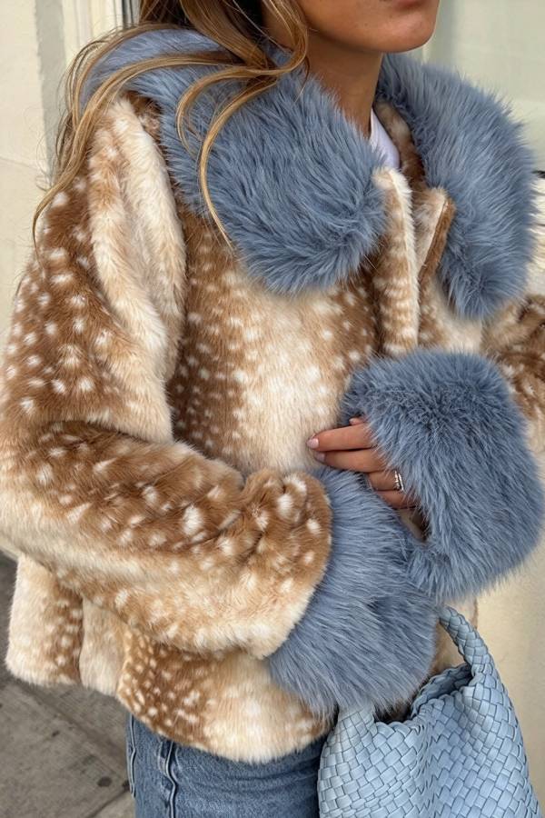 Trendy Faux Fur Spotted-Print Colorblock Furry Collar Button Up Loose Coat
