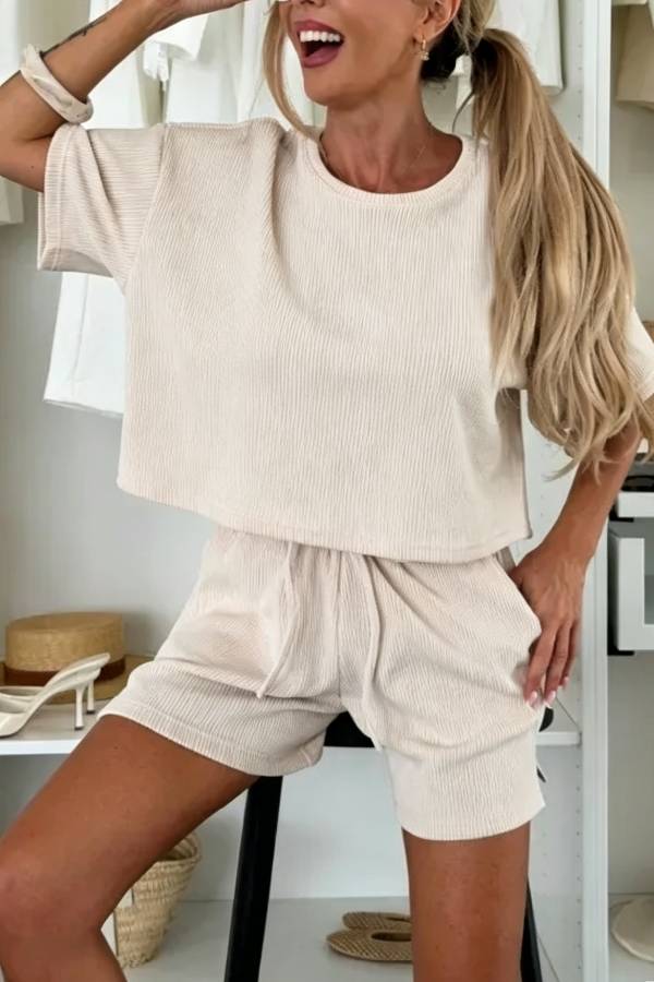 Vertical Rib Crew Neck Cropped Tee Drawstring Shorts Loungewear Two Piece Set